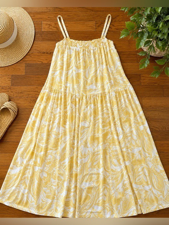 Boho Yellow Tropical Print Midi Sundress XL NWT Smocked Strappy Summer Dress