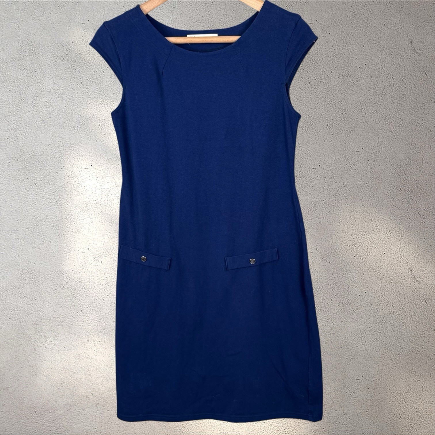 Fig Organic Cotton Pia Dress Cap Sleeve Front Pockets Stretch Blue Sz L
