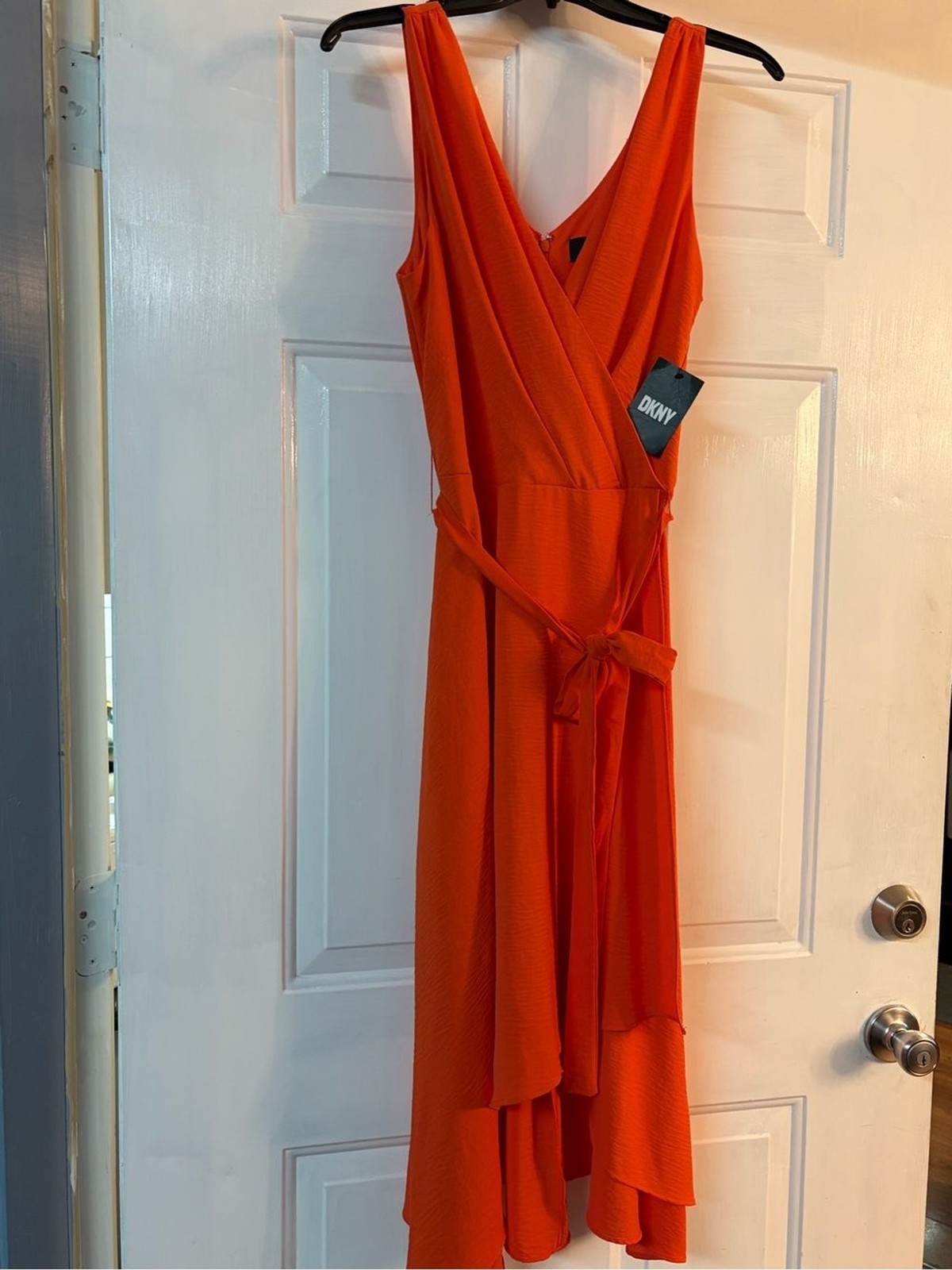 DKNY Orange Sleeveless High-Low Wrap Dress