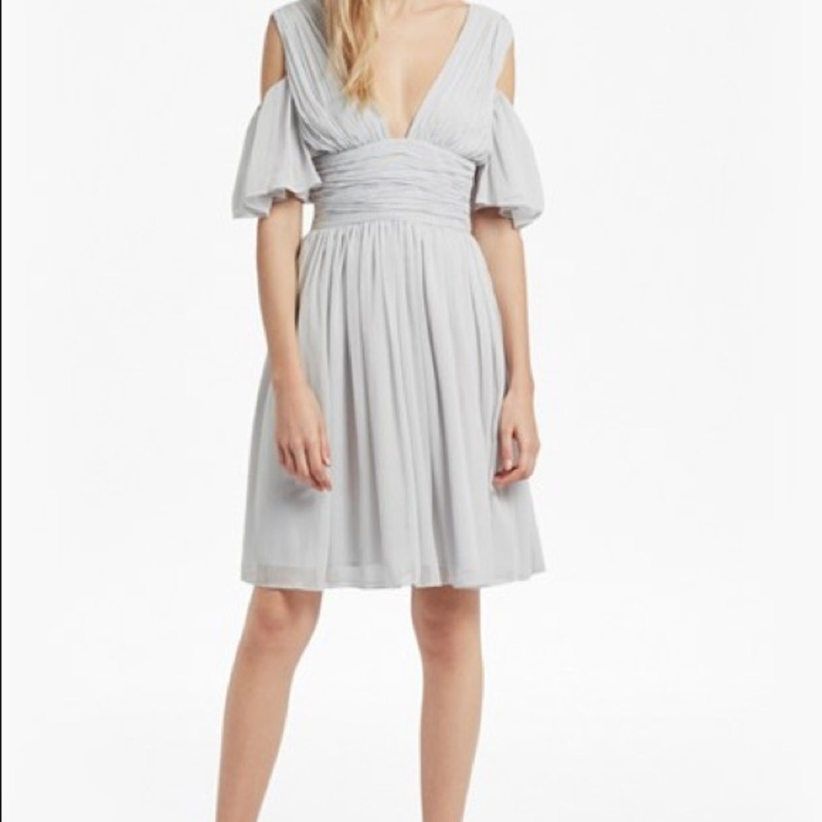 French Connection Constance Draped Cold Shoulder Dress | Light Gray | Size 4