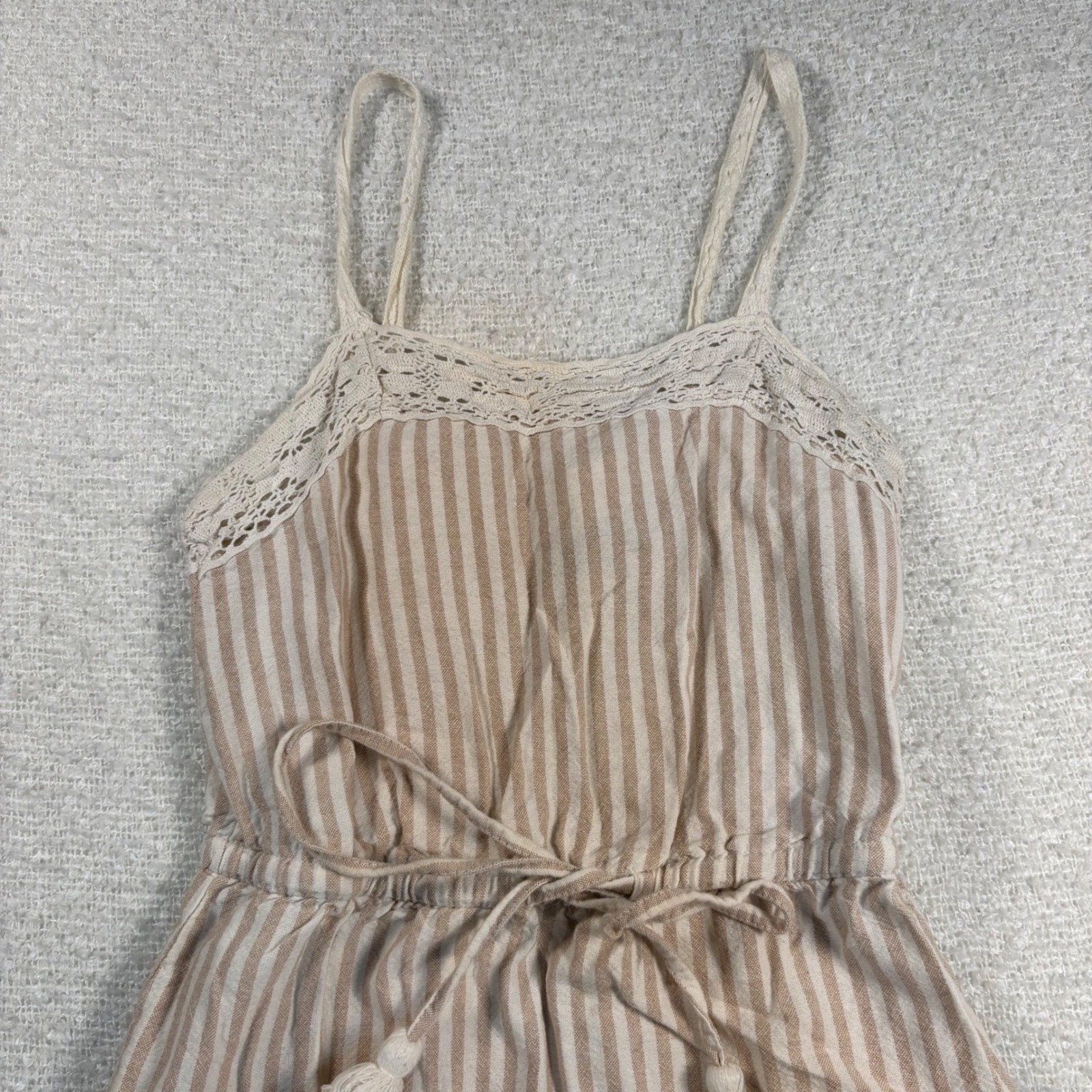 derek heart tan white striped dress crochet lace cottage fairy whimsy boho beach
