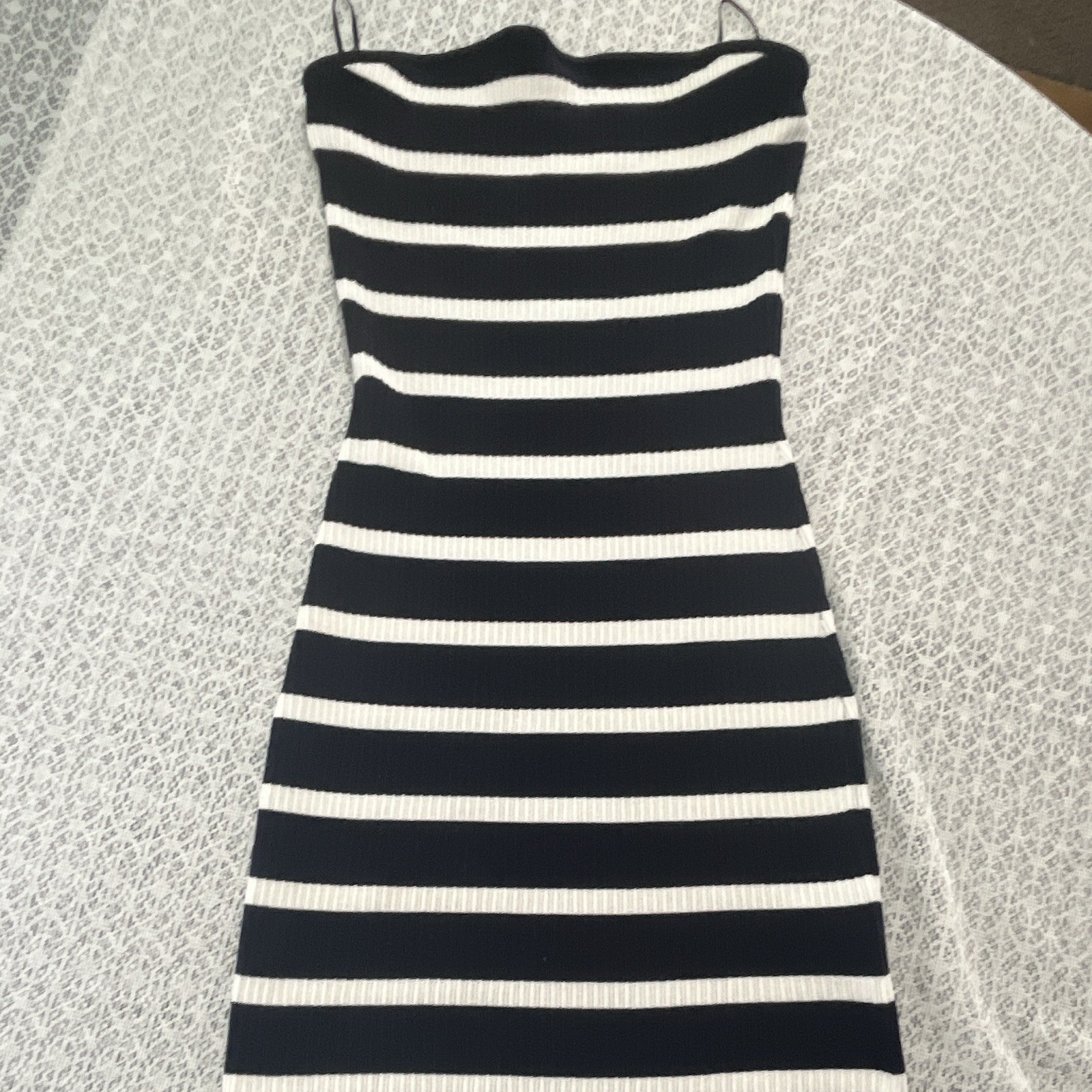 Chico’s Black & White Striped Knit Sheath Dress Straight Neck Knee Sz 1