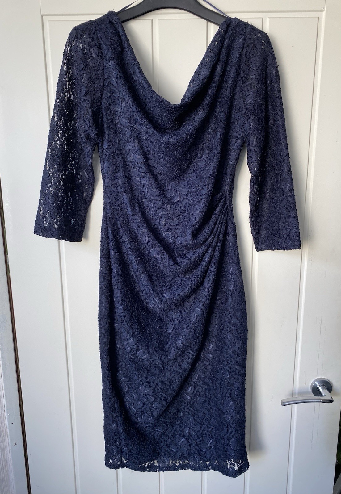 Dorothy Perkins Size 10 Formal Navy Blue Lace Pencil Dress 3/4 Sleeve Lined Midi