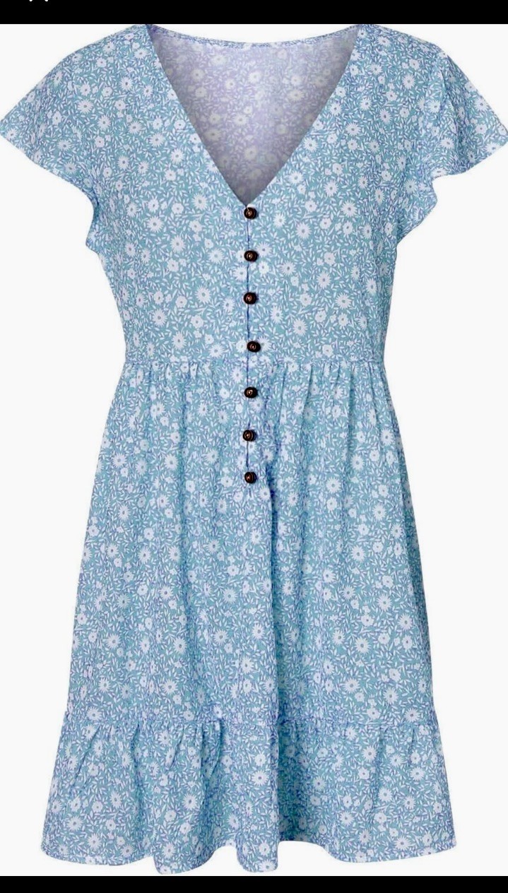 Light-Blue Women Sundress, Floral V-Neck Button Chiffon Mini Dress,Spring Summer