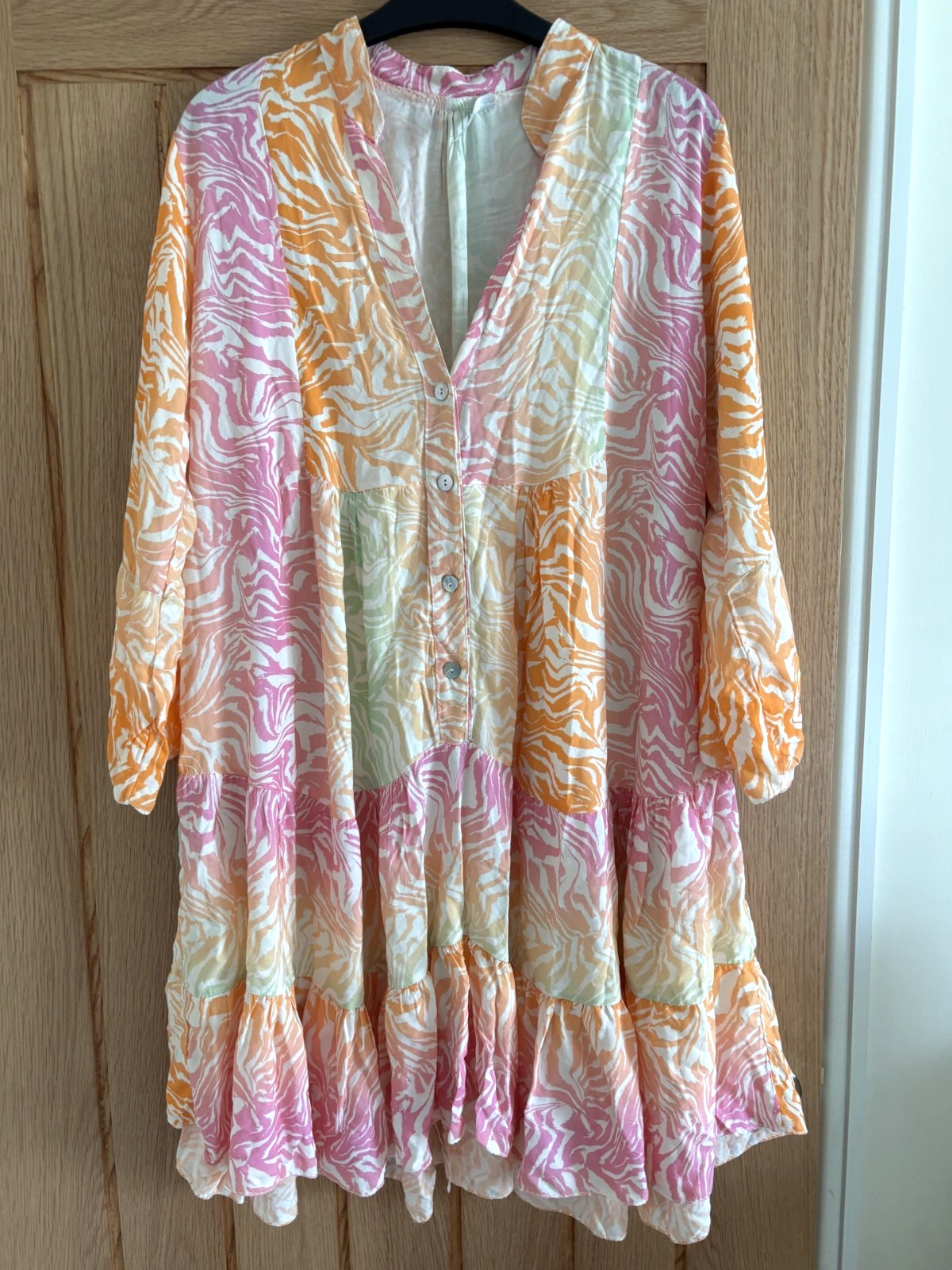 Made in Italy White, Orange, Pink & Green Print Short Smock Dress, approx 14-16