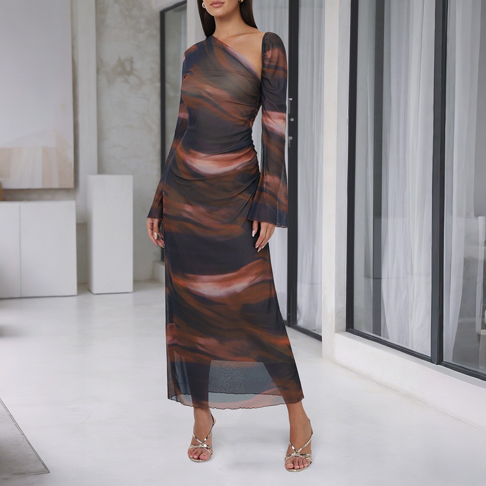 Women’s Cold Shoulder Sleeve Long Sleeve Ankle-Length Mesh Dress Party Dresses