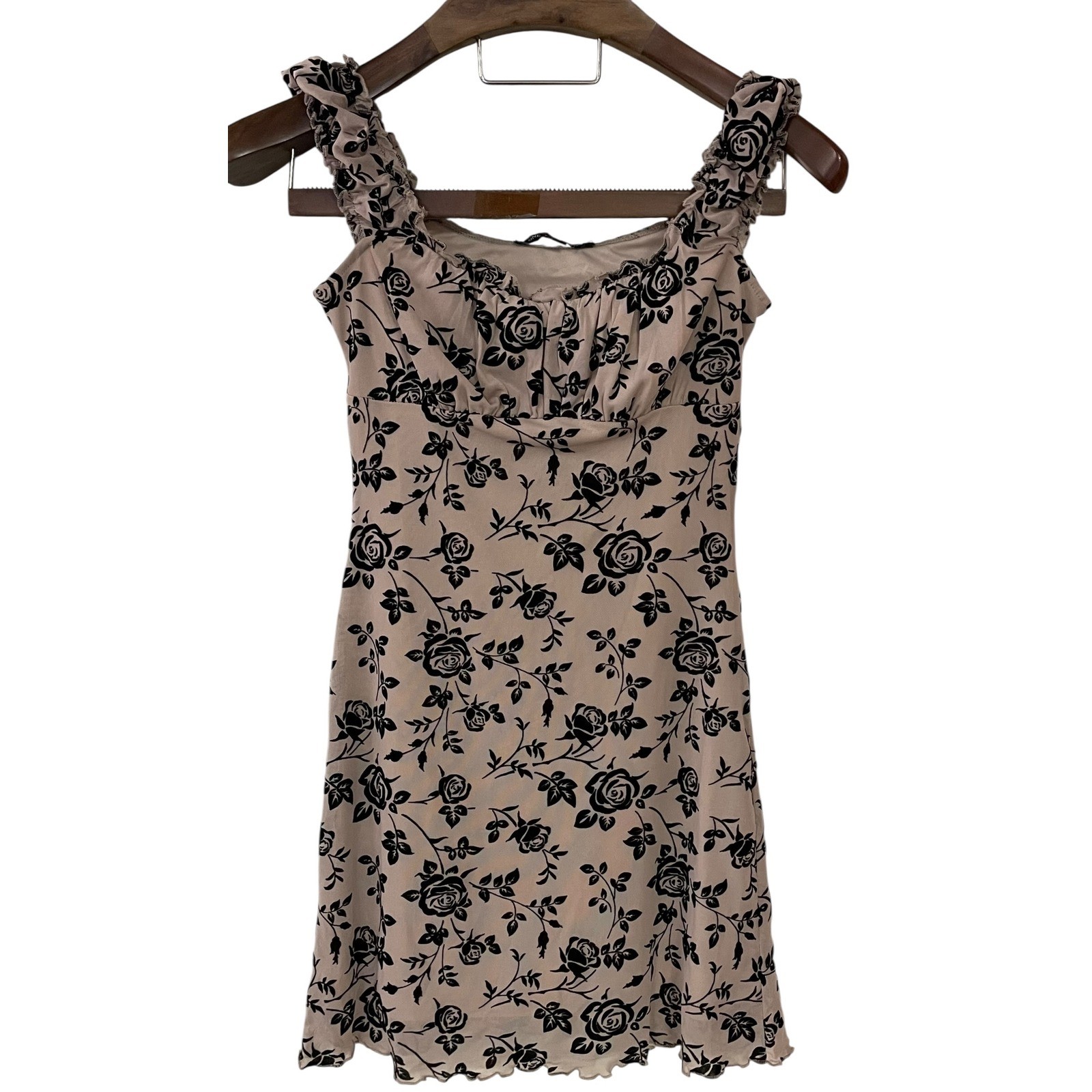 One Clothing Los Angeles Beige Black Floral Velvet Mini Babydoll Dress Y2K M