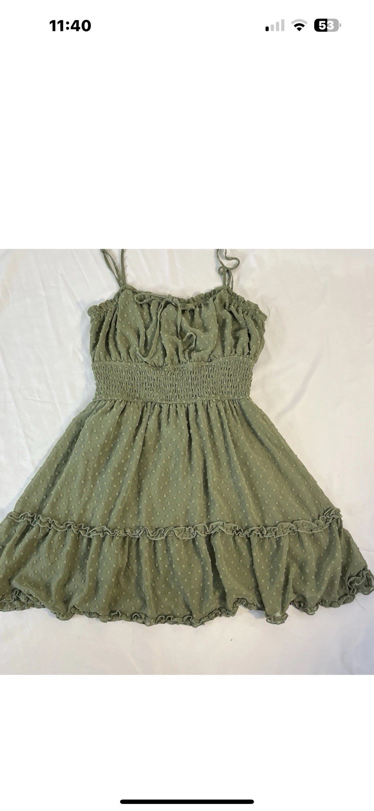 Francesca’s-Blue Rain Mini Dot Dress- Sz M OliveGreen Rouched Waist-Fit & Flare