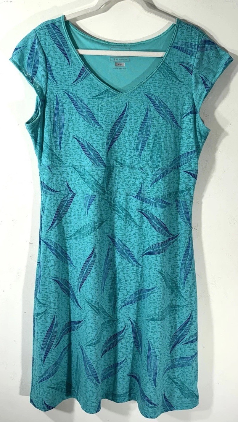Merrell Teal Blue Leaf Print Opti-Wick Cap Sleeve V-Neck Dress Sz Large Hiking