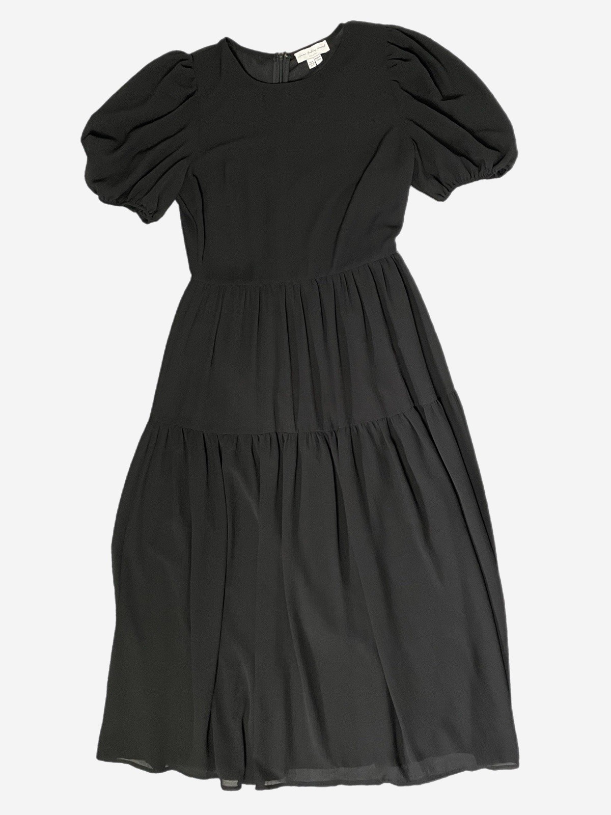 Never Fully Dressed Black Abigail midi dress puff sleeve sheer tiered textured 4
