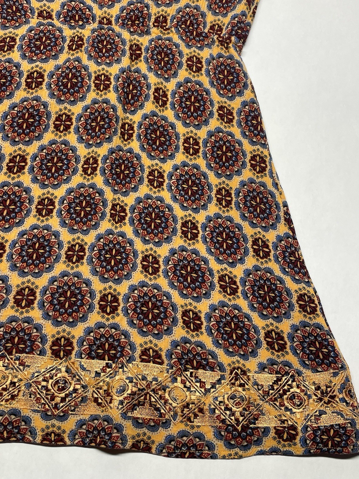 Golden Yellow Metallic Embroidered Mandala Dress Sz S Boho Funky Artsy Festival