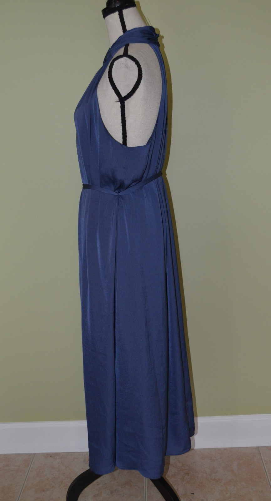 Banana Republic Navy Blue Silky High Neck Sleeveless Shift Belted Lined Sz Large