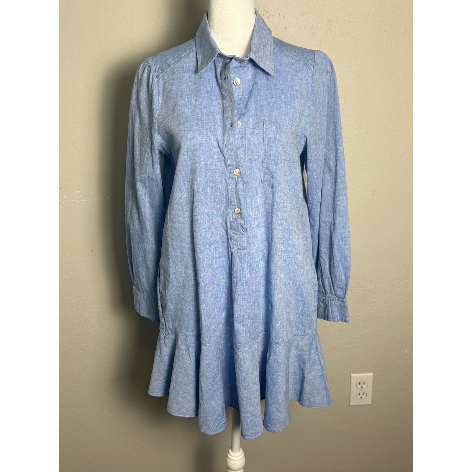 Tuckernuck Callahan Blue Chambray Ruffle Hem Shirt Dress XS Y20060T