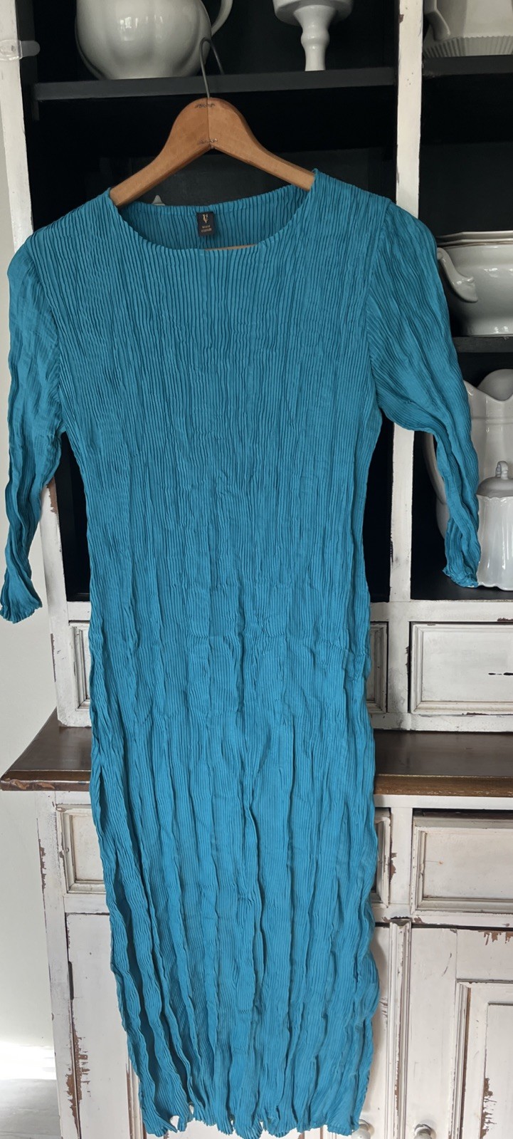 Vanite Couture O/S One Size Fits Most Blue Green Pleated Midi Dress Crinkle