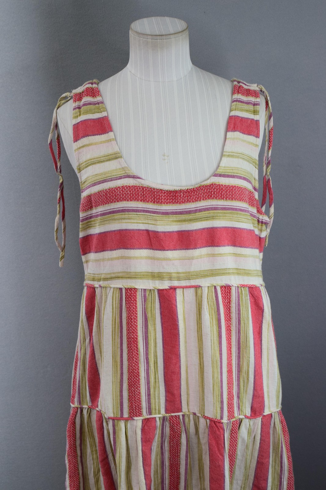 Faherty Lanai Tiered Dress Womens Medium Red Pink Green Striped Organic Cotton