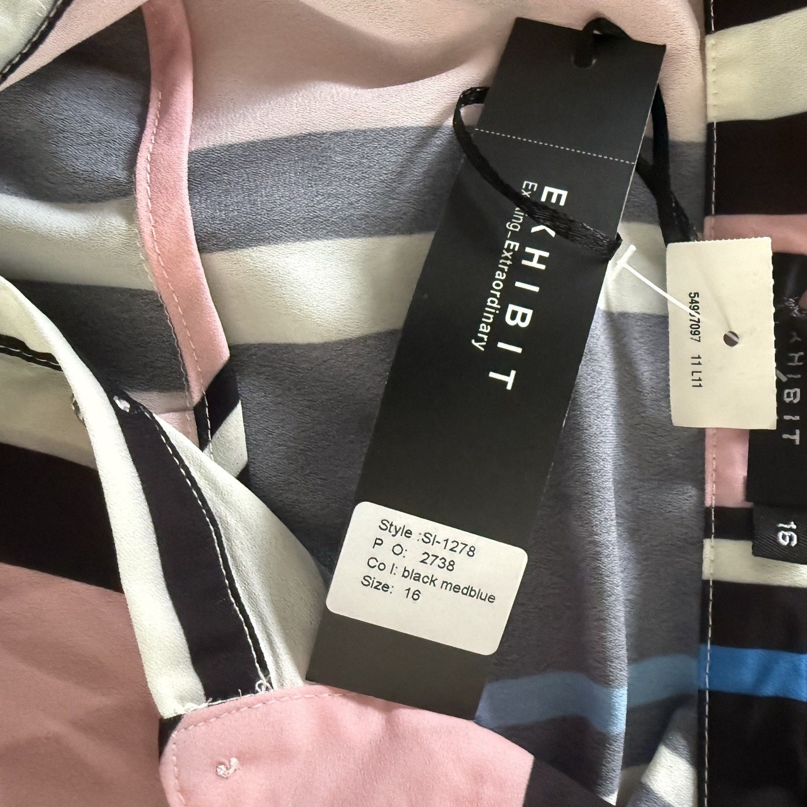 Exhibit Black Pink Blue Striped Shirt Dress UK 16 BNWT Tie Belt Roll Tab Sleeves