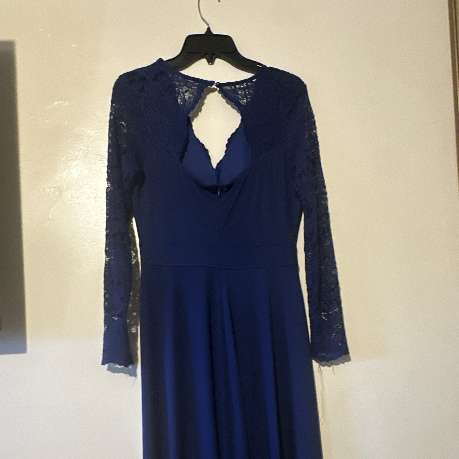 Womens M Blue Solid Lace V-Neck Long Sleeve Maxi Long Dress Polyester Spandex