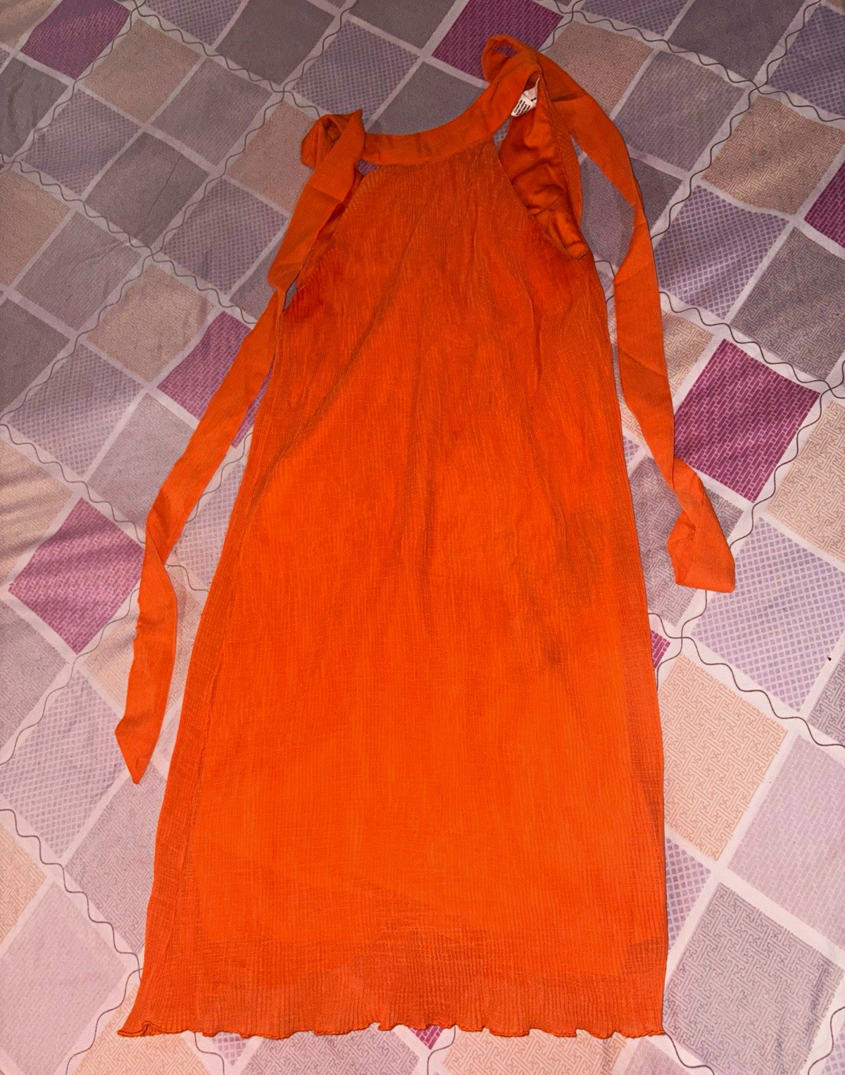 Orange Solid Sundress Halter Tie Strap Ruffle Midi Dress Womens One Size
