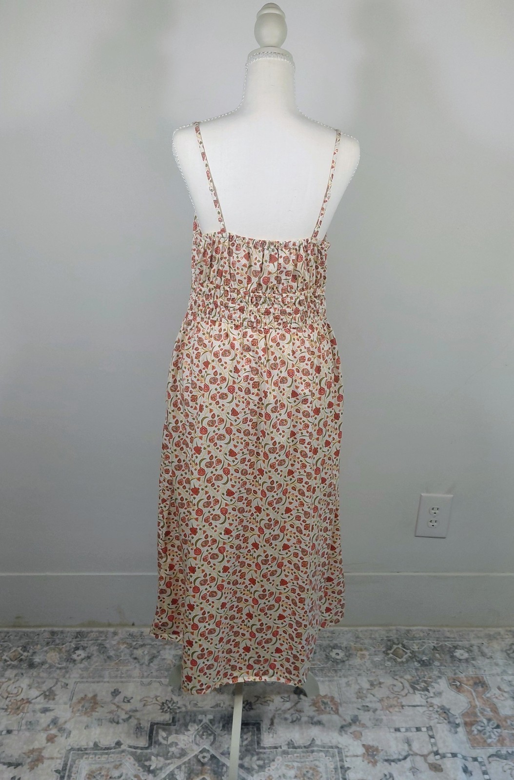 OLD NAVY Cream Floral Smocked Cami Midi Dress SZ M Cottage Core Buttermom Cotton