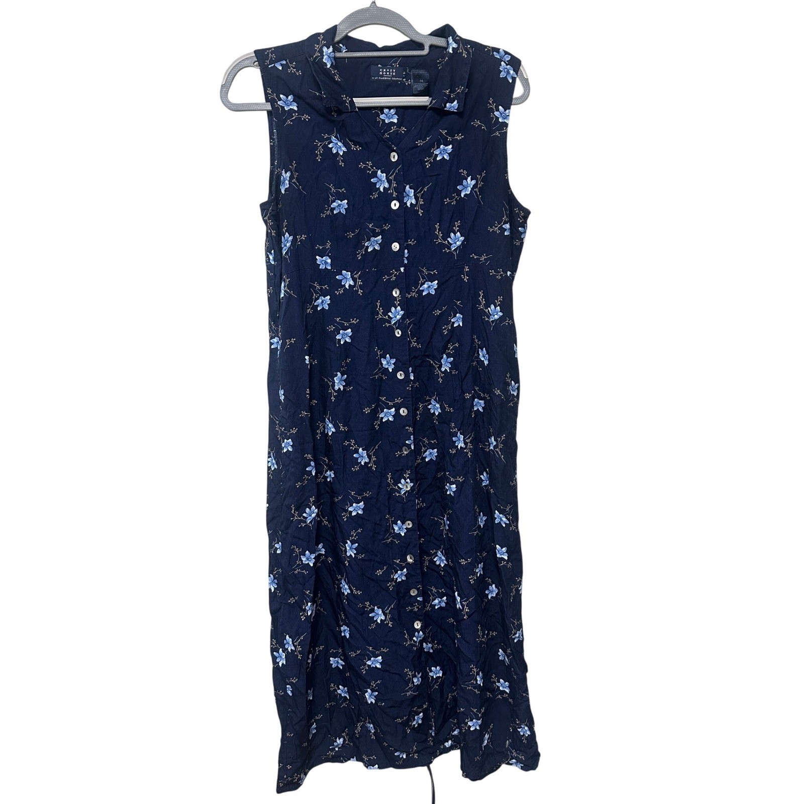 Crazy Horse Liz Claiborne Navy Blue Floral Button Front Sleeveless Midi Dress 14