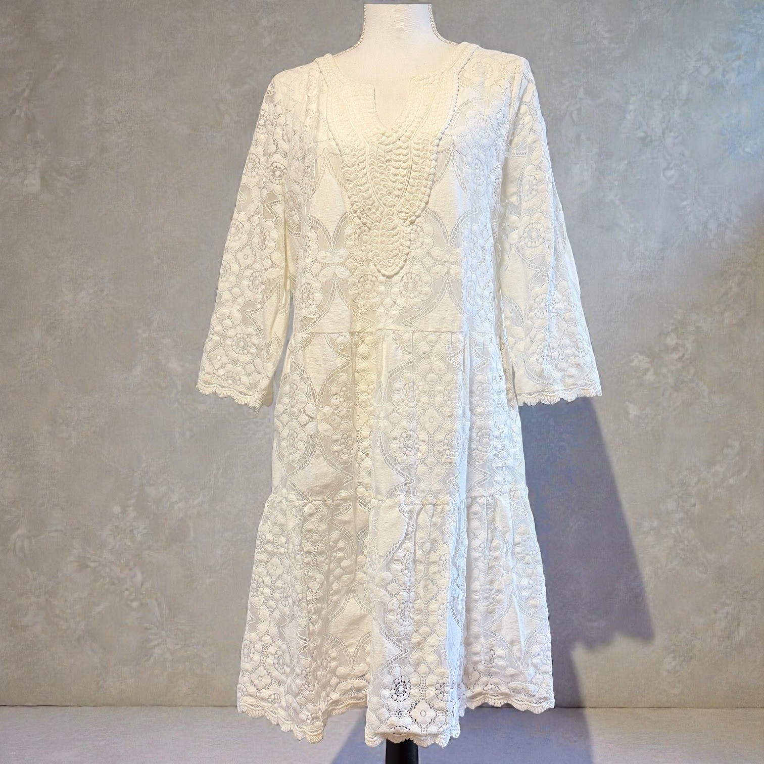 HALLHUBER White Lace Tiered sz XL Midi Dress Cotton Blend 3/4 Sleeve