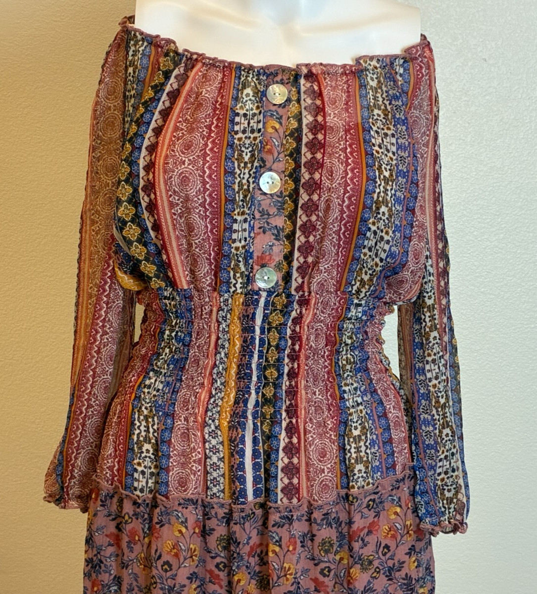 Fig & Flower Floral Tiered Patchwork Boho Smocked Maxi Dress S Cottage Peasant