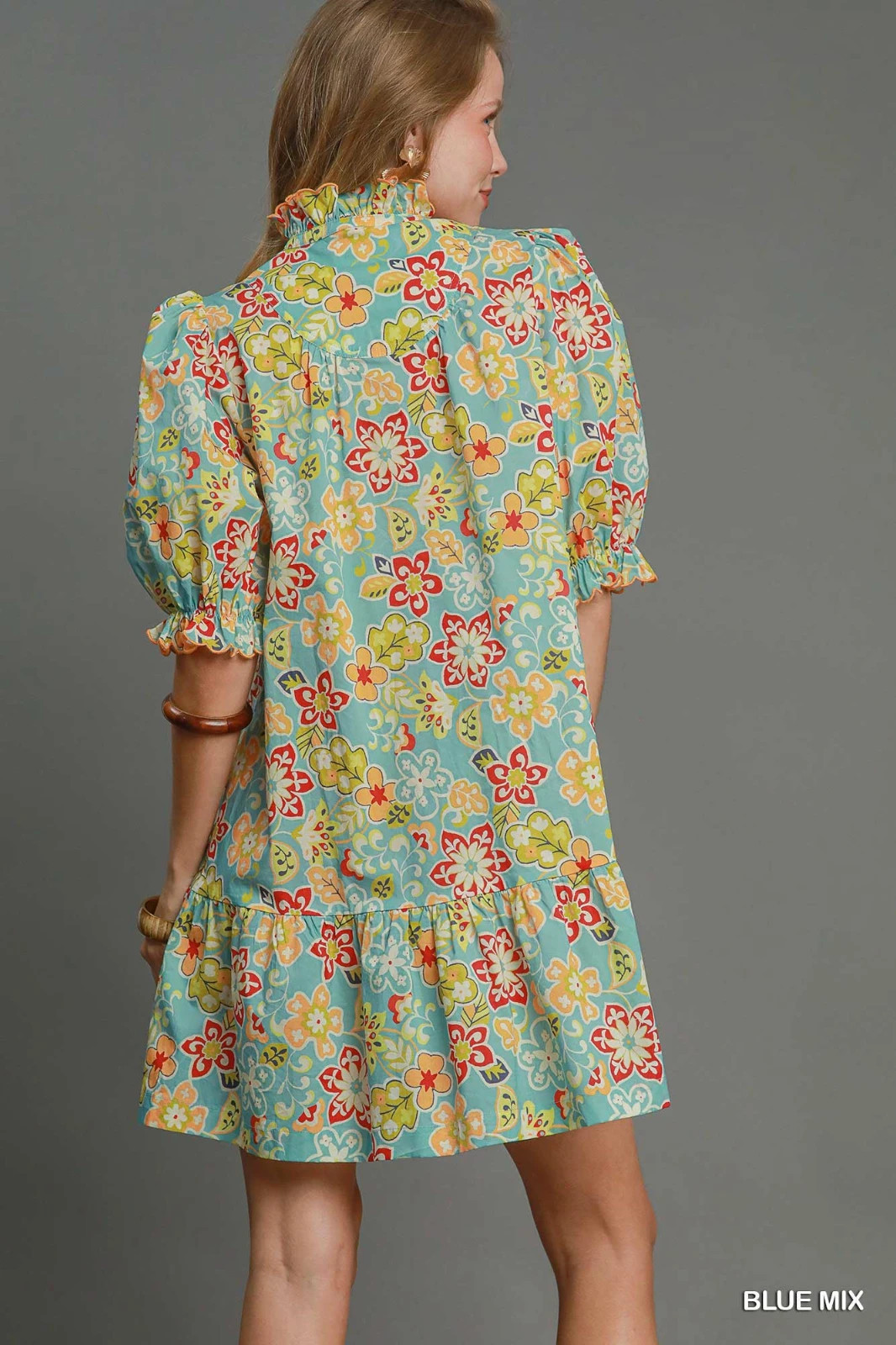 Umgee Blue Multi High Neck Round Yoke Button Down Tiered Mini Dress