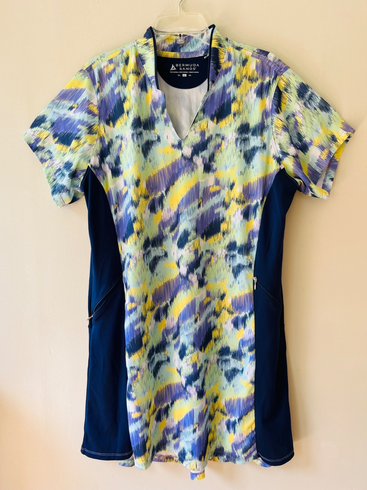 Bermuda Sands Plus Sz 2X Golf Stretch Midi Dress Blue UV Protection Zip Pockets