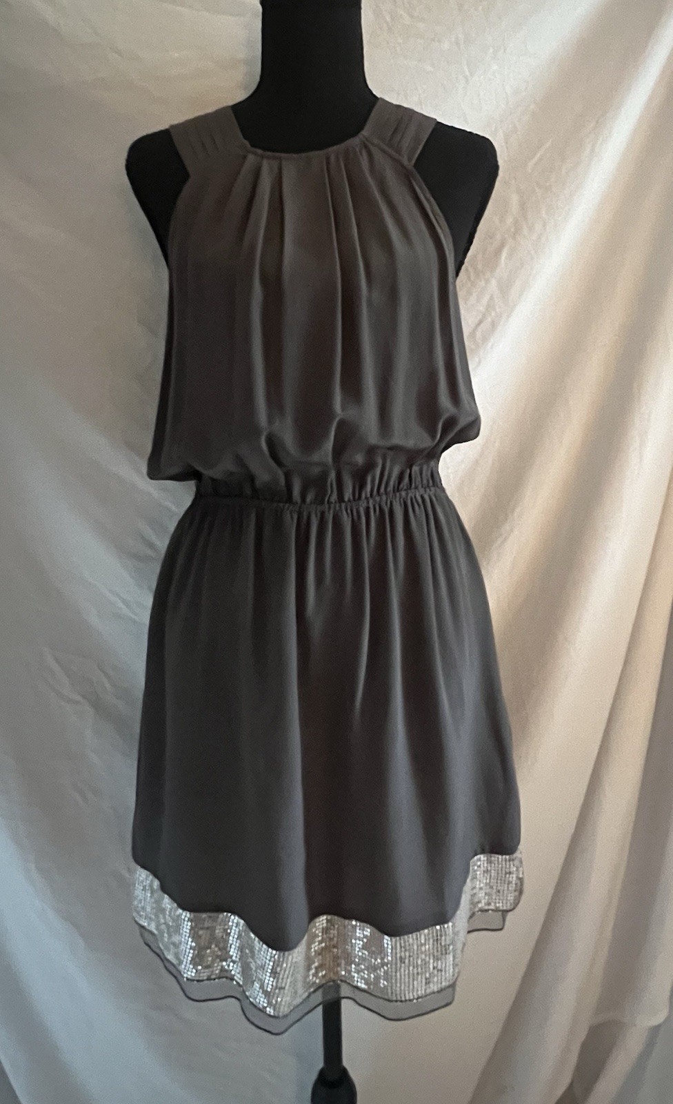 Anthropologie/ Trinity 100% Silk charcoal grey blouson mini Cocktail dress