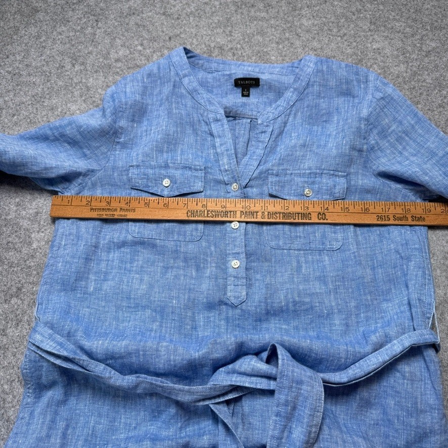 Talbots Blue 100% Linen Belted Shirtdress Small Roll Tab Sleeve Coastal