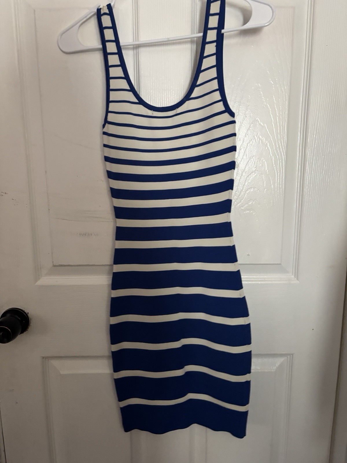 SheIn Women’s XS Blue/White Striped Bodycon Dress Sleeveless Scoop Neck
