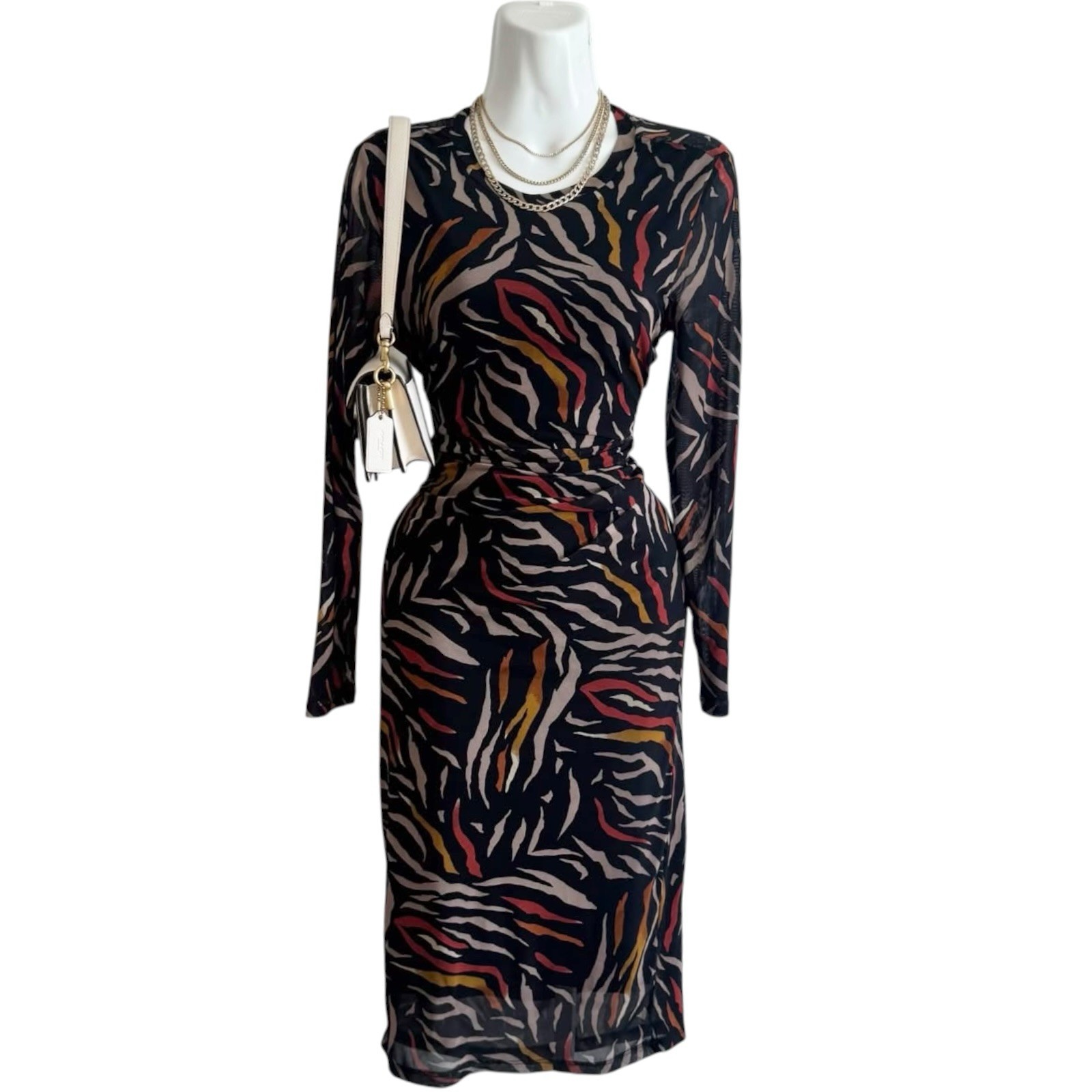 Nine West Women’s Size M Abstract Animal Print Mesh Ruched Midi Dress