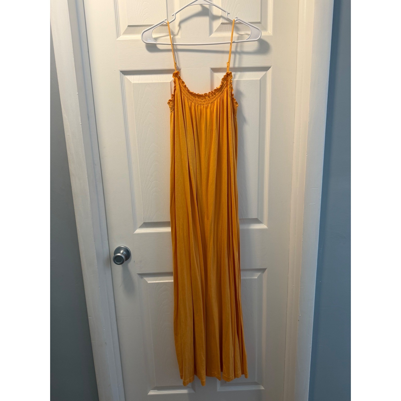 HM Mustard Yellow Smocked Ruffle Maxi Dress Womens XL Spaghetti Strap Flowy