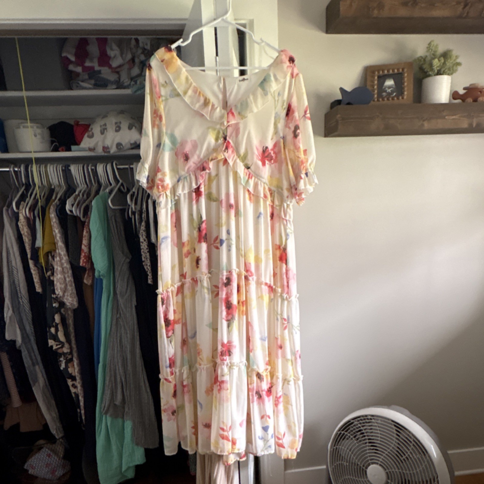 Gee Gee Floral Ruffle Maxi Dress V-Neck Puff Short Sleeve White Pink Yellow