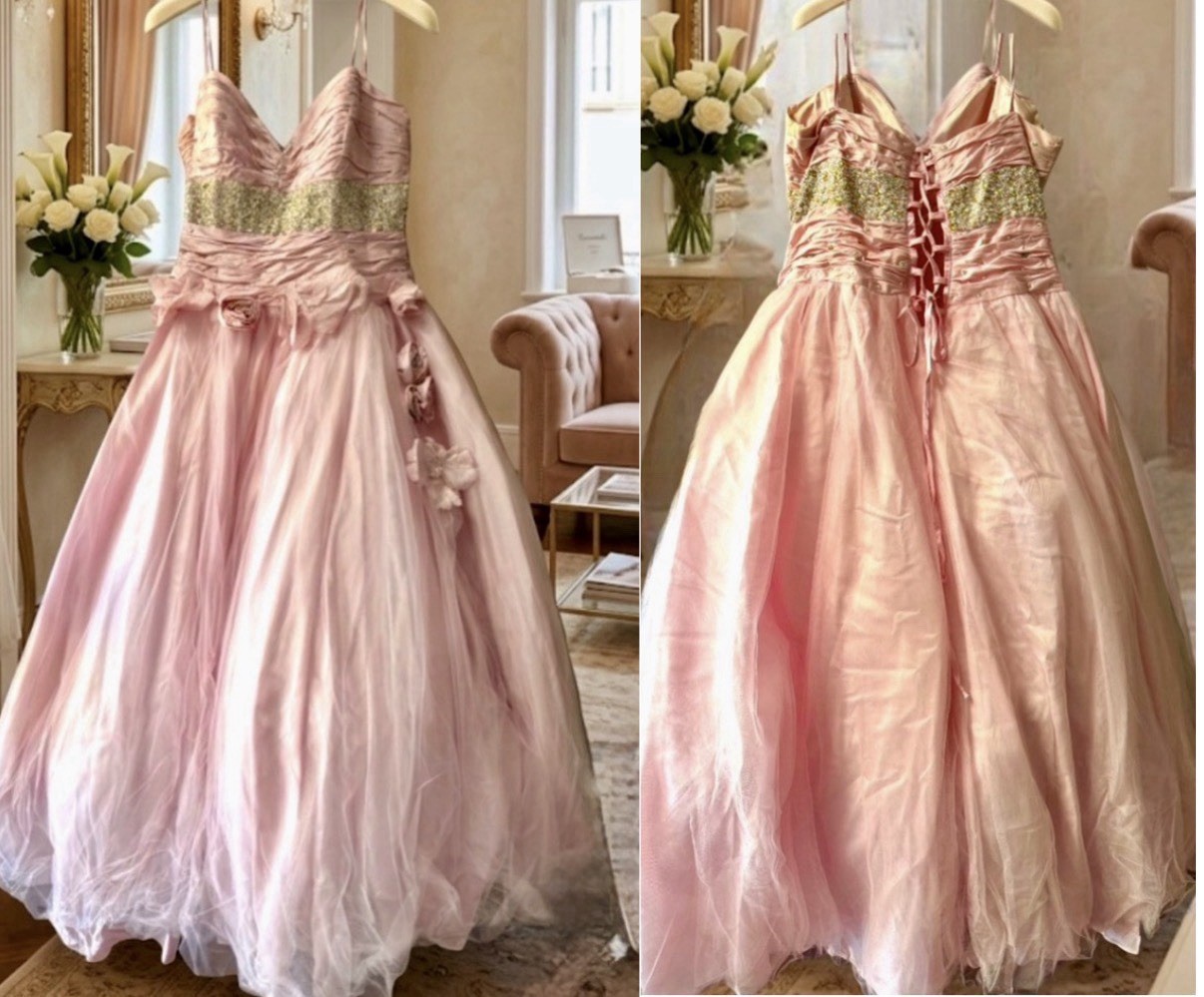JOVANI BEYOND DIVISION RUCHED BODICE FLORAL APPLIQUÉ PINK BALL GOWN Sz.20