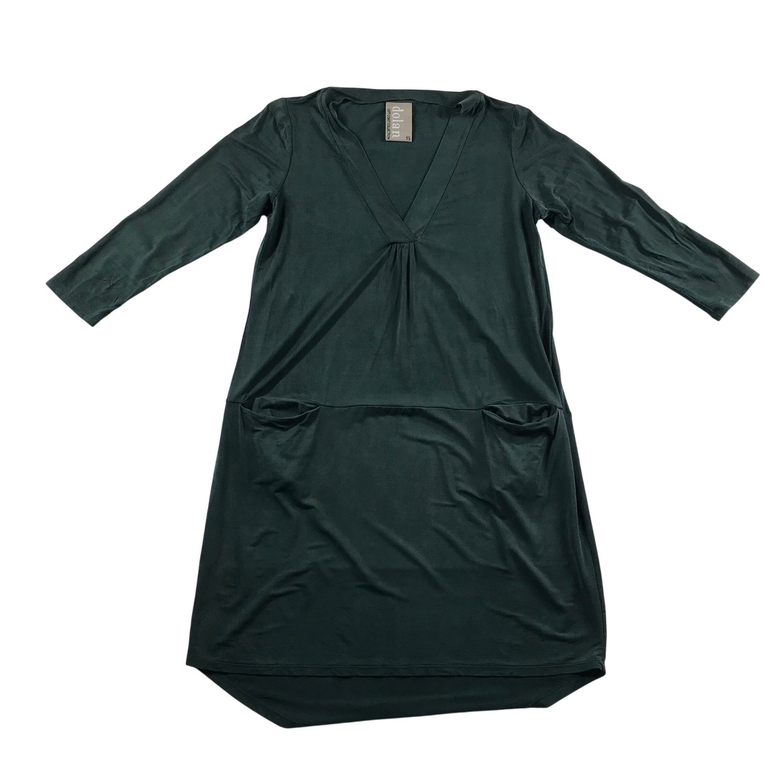Dolan Left Coast Collection Green Cupro V-Neck Shift Dress Pockets XS 17932P