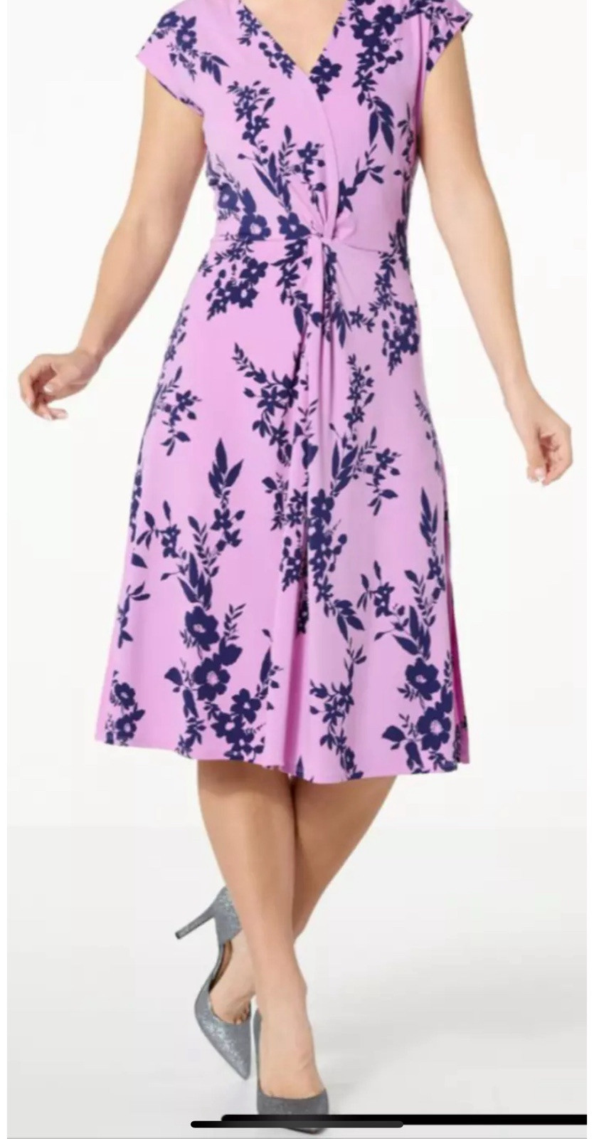 NEW IMAN Global Chic Twist-Front Midi Dress Pink Purple Floral Womens Size L