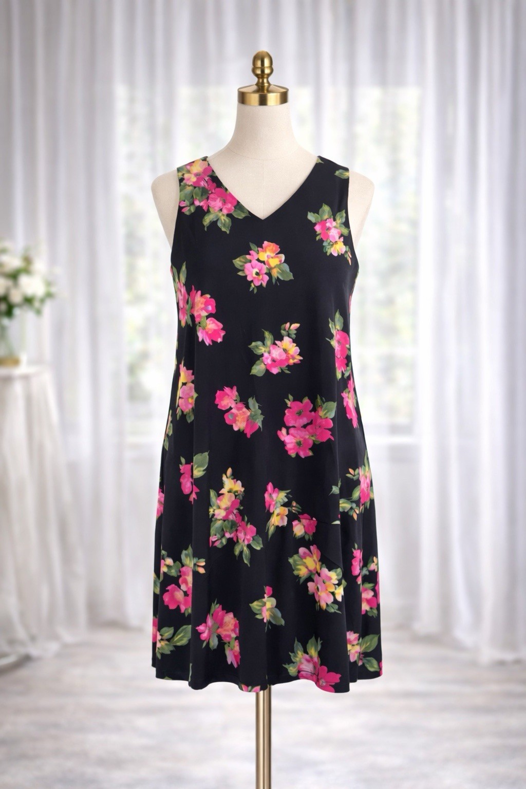 Susan Graver Dress Liquid Knit Midi Tiered Layers Black Pink Floral Size Large