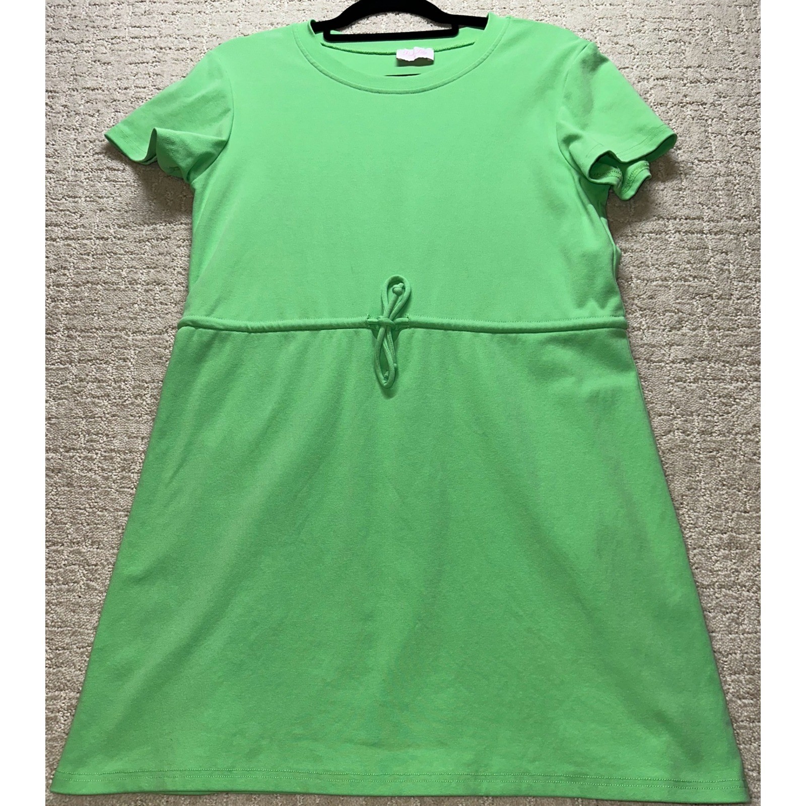 Pink Lily Mint Green Round Neck Casual Cotton Dress Cap Sleeve Size S Tie Waist