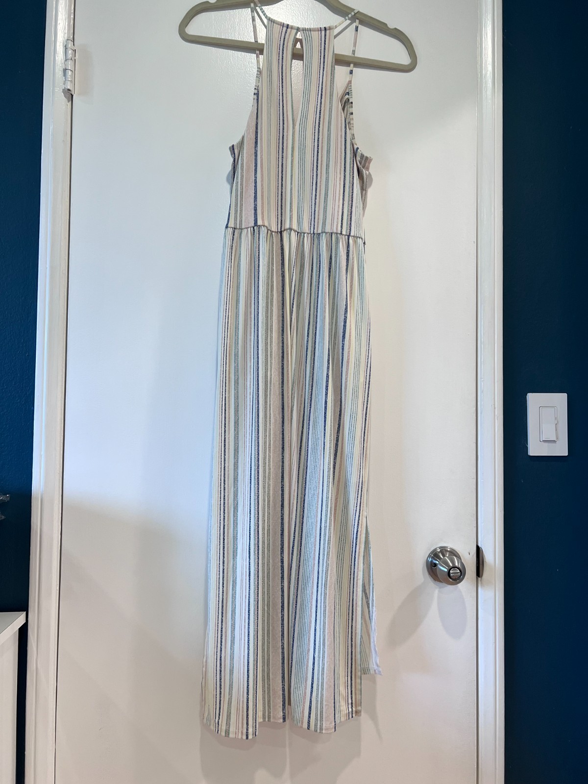 BCBGeneration Blue White Striped Draped Mini Dress Faux Wrap Bodycon Medium Chic