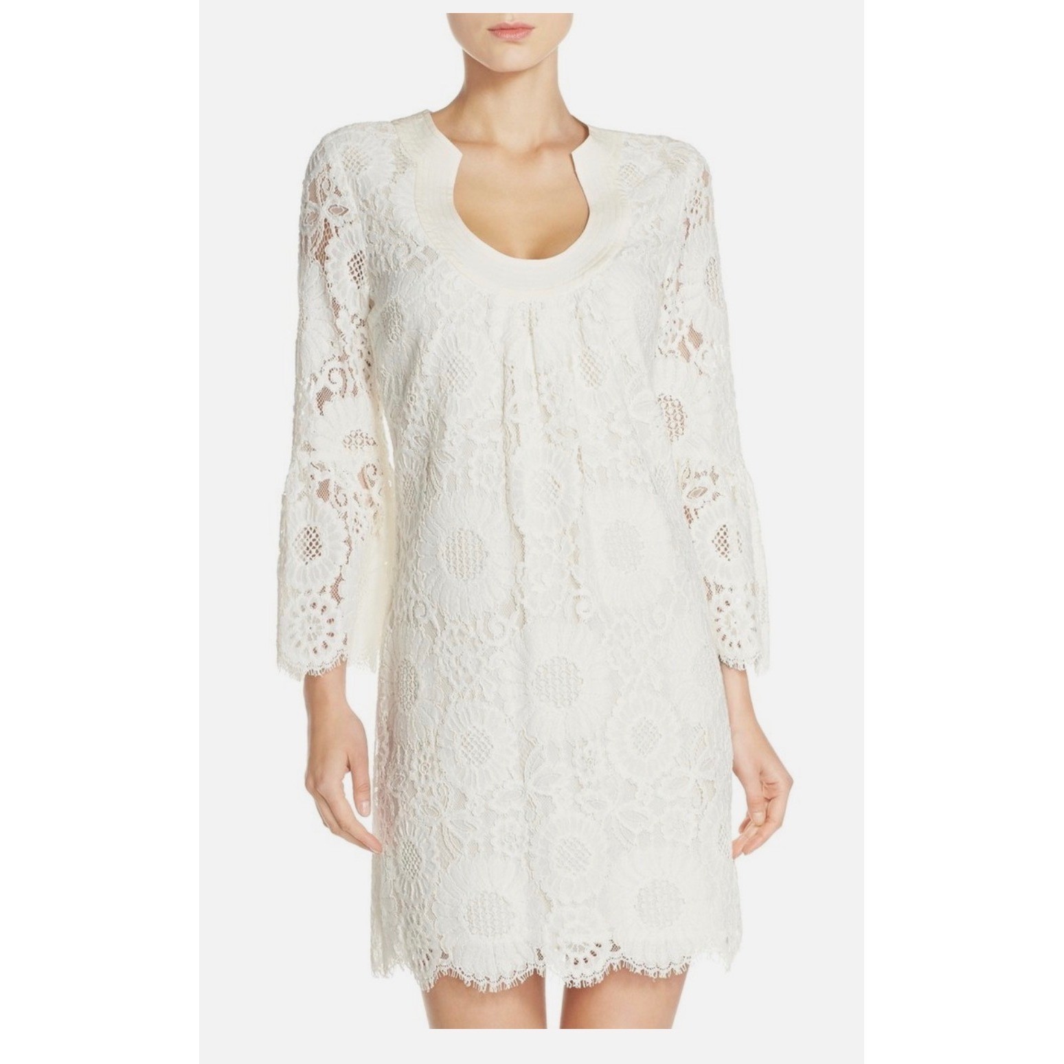 Trina Turk Bonita Ivory Floral Lace Bell Sleeve Shift Dress Size 6 Cocktail Mini