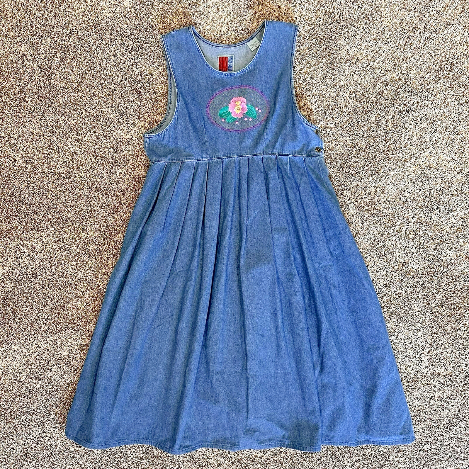 90s VTG Blue Jean Jumper Sun Belt Denim Floral Embroidery Art Teacher Retro Sz S