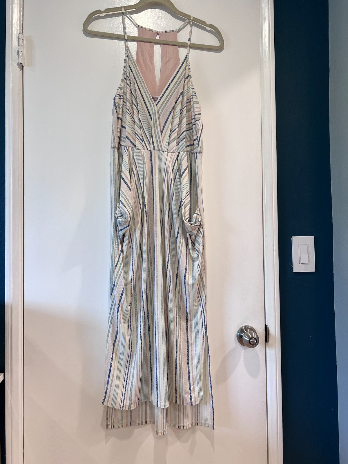 BCBGeneration Blue White Striped Draped Mini Dress Faux Wrap Bodycon Medium Chic