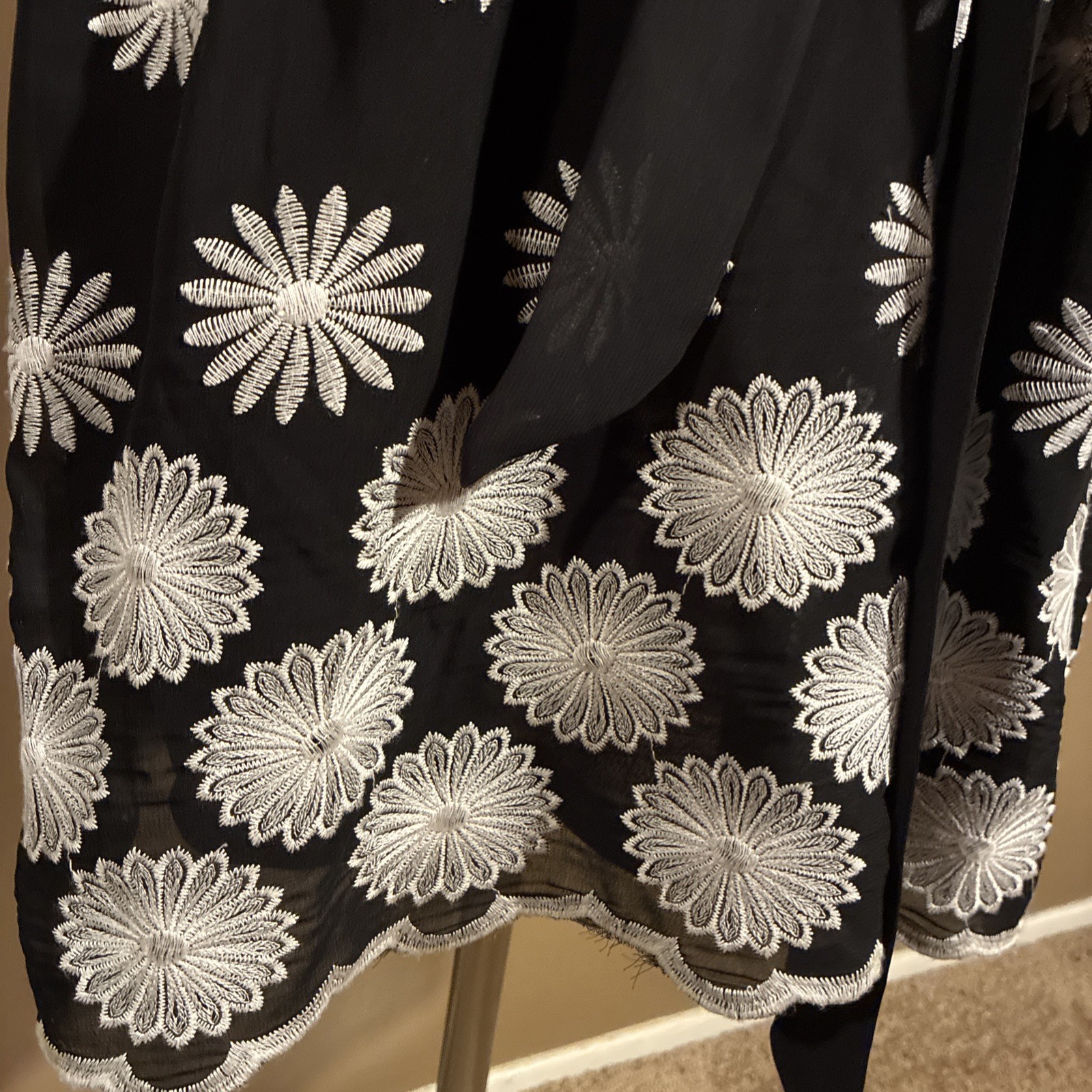 Miami Embroidered Floral Black White Scalloped Hem Sun Dress w/Tie Belt, S.