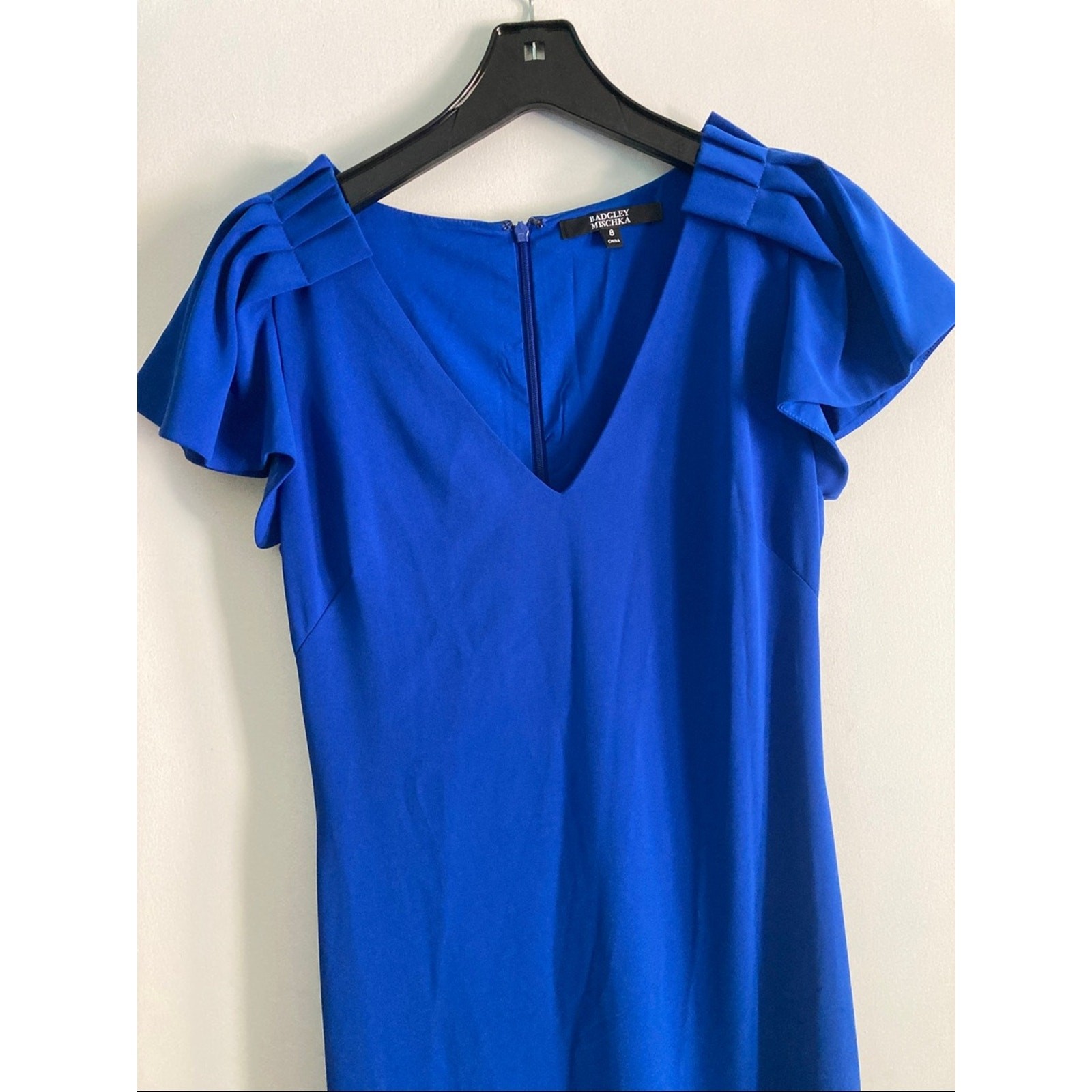 Badgley Mischka Size 8 Royal Blue Crepe Evening Gown Ruffle Sleeve
