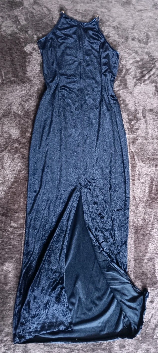 Blue Velour Beaded/Sequin Fringe Halter Formal Dress Sleeveless Long women:M