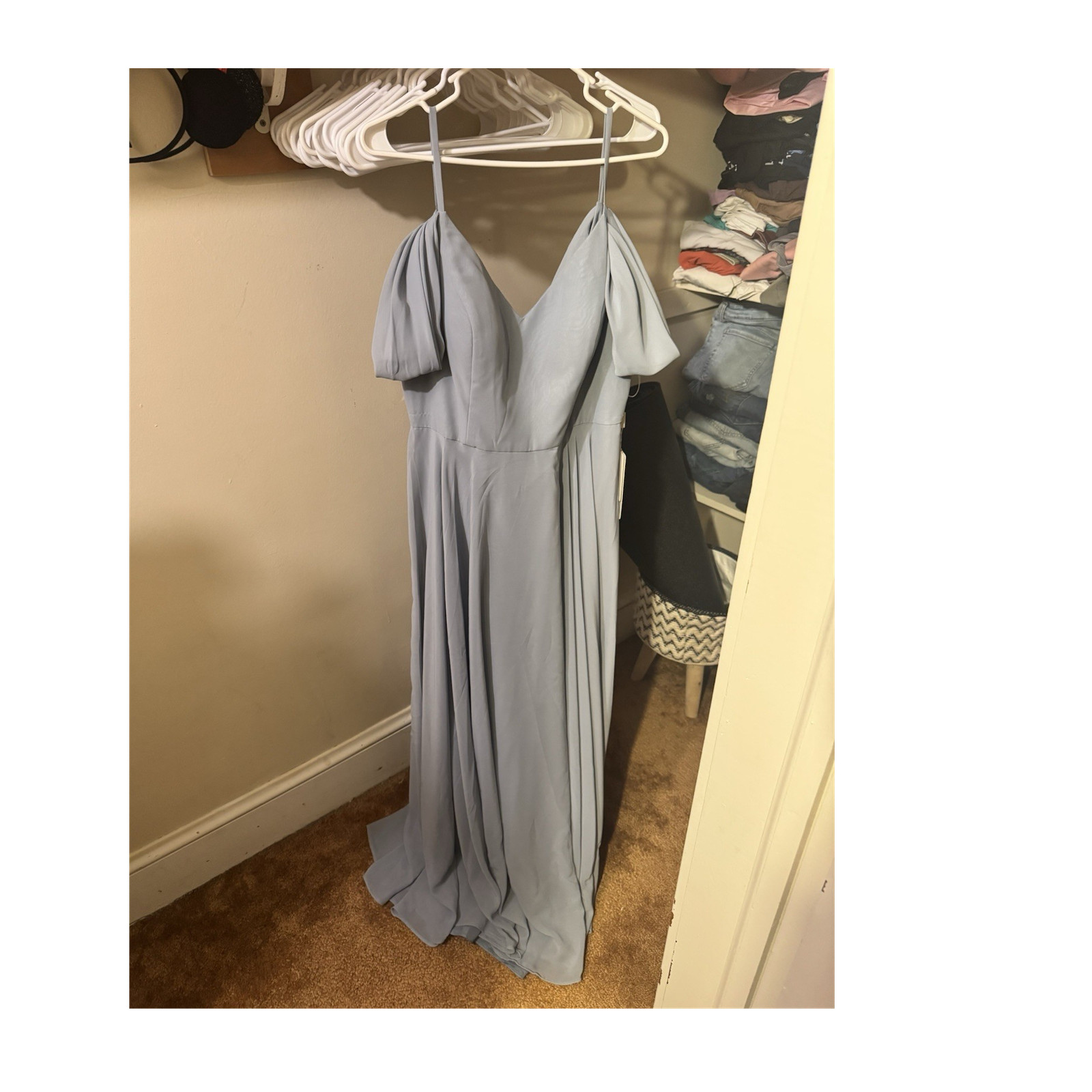 Stacees Dusty Blue Chiffon V-Neck Off Shoulder Maxi Gown Dress US 14