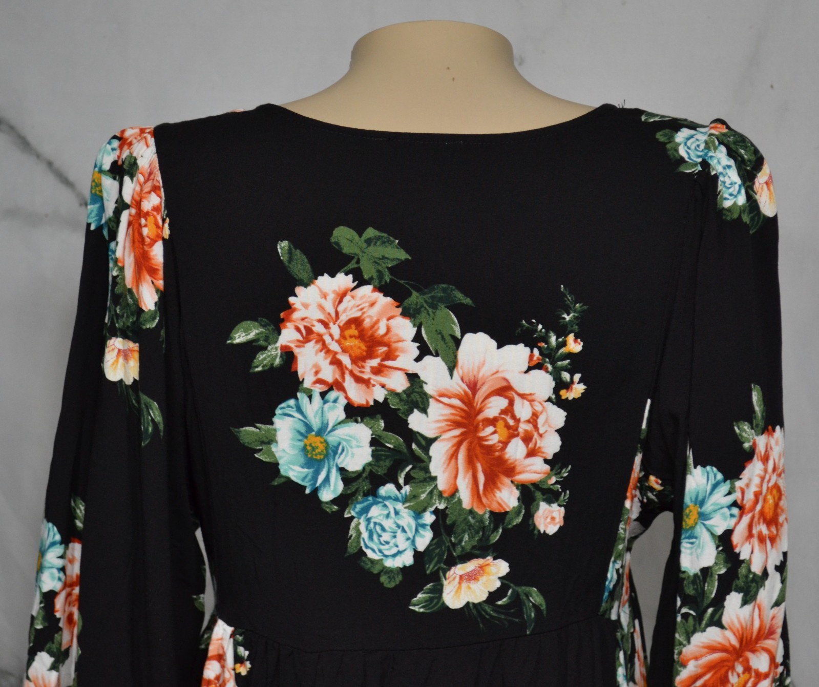 REMIXMESS Black Multicolor Floral Print Dress Tunic Medium 3/4 Sleeves Rayon