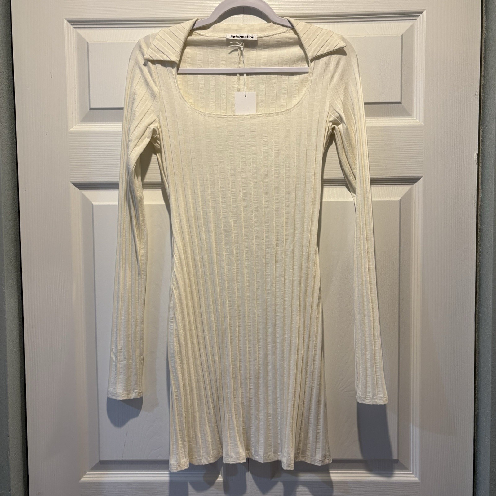 Reformation Ivory Ribbed Bodycon Mini Dress Square Neck Long Sleeve Sz S NEW