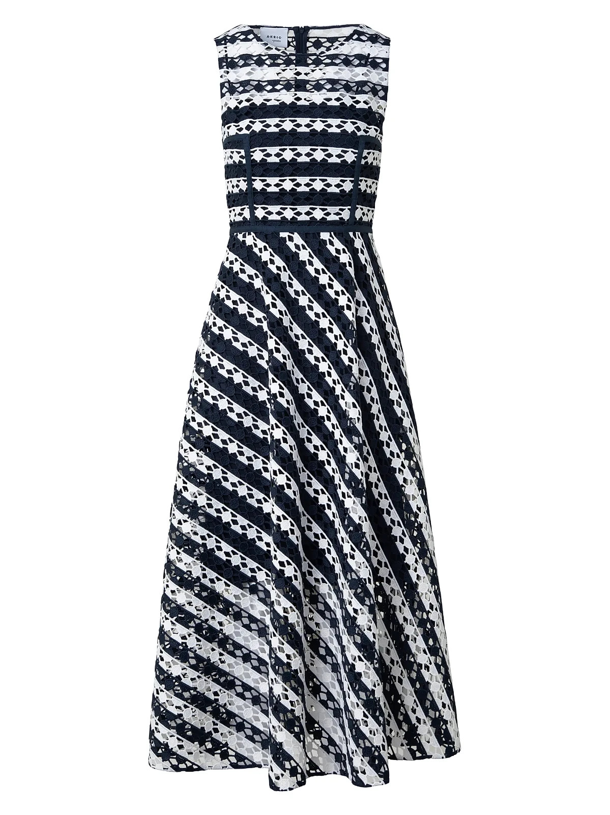 Akris, Striped Guipure Lace Maxi Dress in Navy/White Sz 14 #DD33